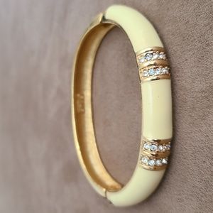 Vintage Swarovski Hinged Bangle Bracelet - Bone-Pear Enamel and Rhinestones